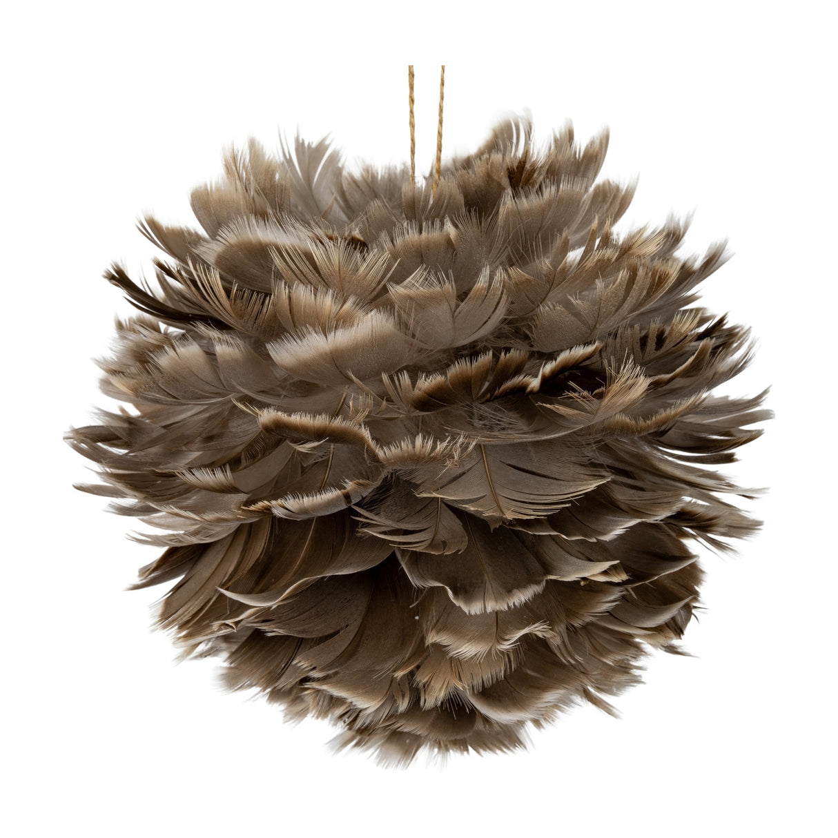 Hill Interiors large feather ball Christmas decoration in brown, covered in layered fawn feathers with a jute hanging loop, shown on a white background.