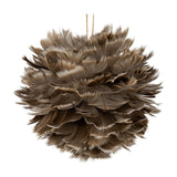 Hill Interiors large feather ball Christmas decoration in brown, covered in layered fawn feathers with a jute hanging loop, shown on a white background.