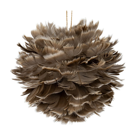 Hill Interiors large feather ball Christmas decoration in brown, covered in layered fawn feathers with a jute hanging loop, shown on a white background.