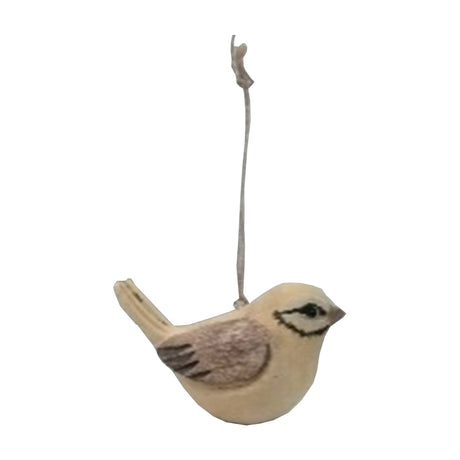 Hill Interiors Wooden Winter Bird Decoration in brown, a small carved bird ornament with painted wing detail and hanging string, on a white background.