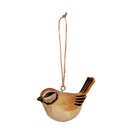 Hill Interiors Wooden Tawny Bird Decoration in warm brown, a small carved bird with black wing markings and jute hanging cord on a white background.