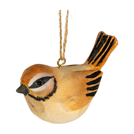 Hill Interiors Wooden Tawny Bird Decoration in warm brown with black wing and tail markings, hanging from jute cord against a white background.
