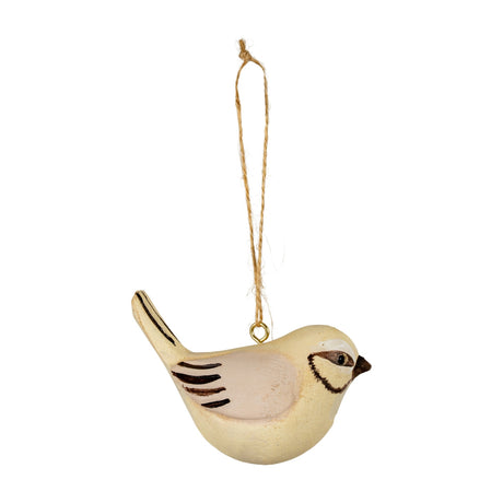 Hill Interiors wooden bird Christmas decoration in soft brown with painted wing markings, hung from jute twine against a plain white background.