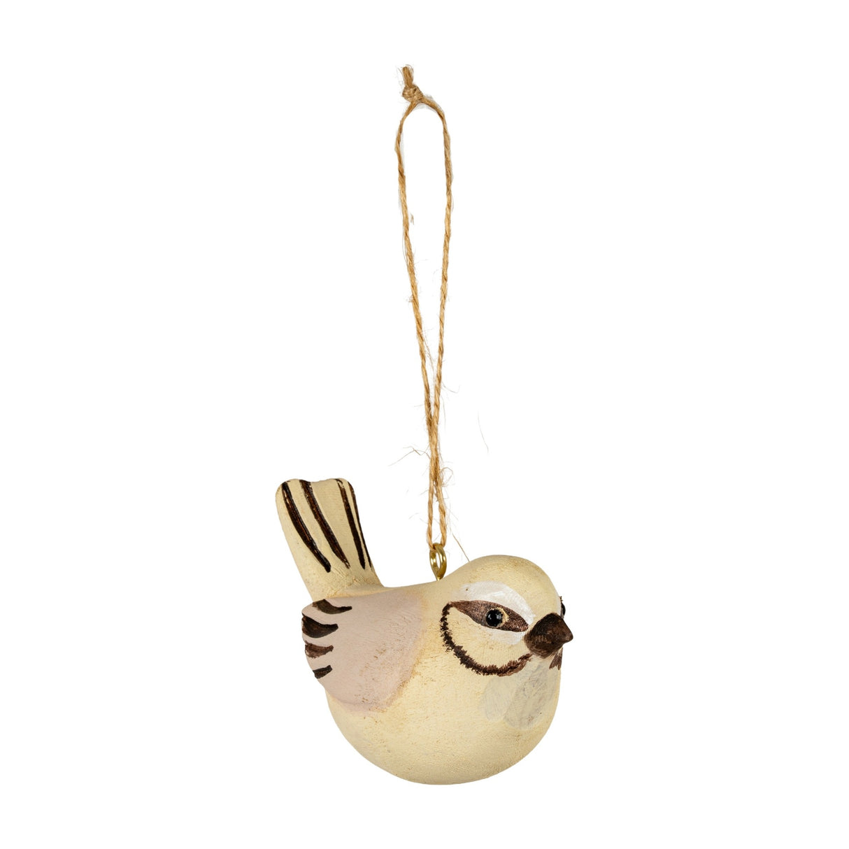 Hill Interiors wooden bird decoration in soft cream and brown tones with painted wing detail, hanging from twine against a white background.