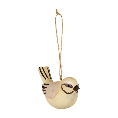 Hill Interiors wooden bird decoration in soft cream and brown tones with painted wing detail, hanging from twine against a white background.