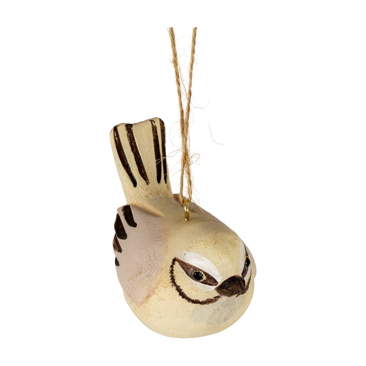 Hill Interiors Wooden Bird Decoration in brown, a small carved hanging ornament with painted feather markings and twine loop, shown on a white background.