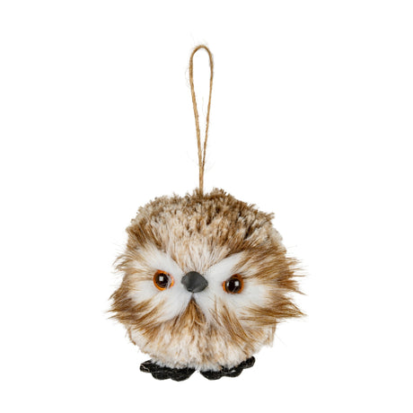 Hill Interiors Feather Winter Owl Decoration in brown with layered feathers, amber eyes and a jute hanging loop, shown on a plain white background.