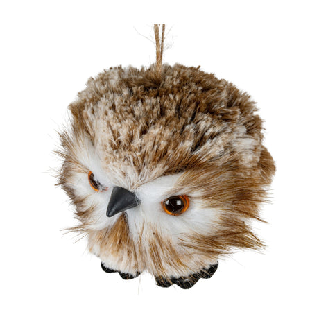 Hill Interiors Feather Winter Owl Decoration in brown with mottled plumage, amber eyes and jute hanging loop, shown against a white background.