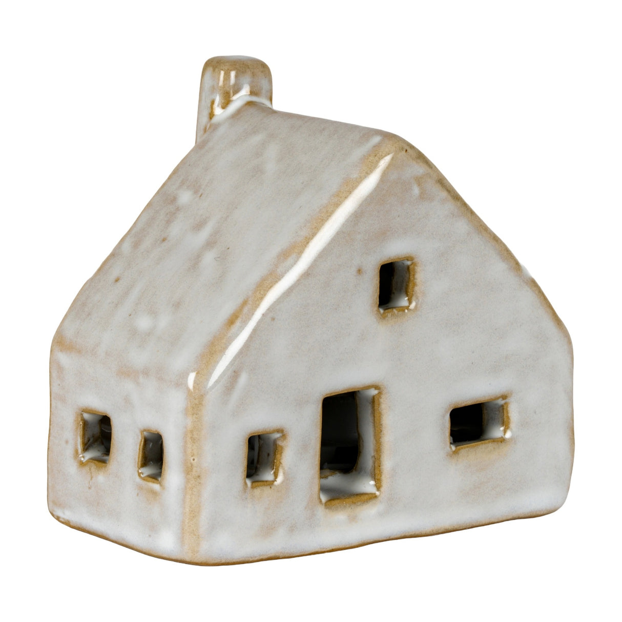 Hill Interiors ceramic cottage LED light in white glaze, with pitched roof, chimney and cut-out windows, shown on a plain white background.