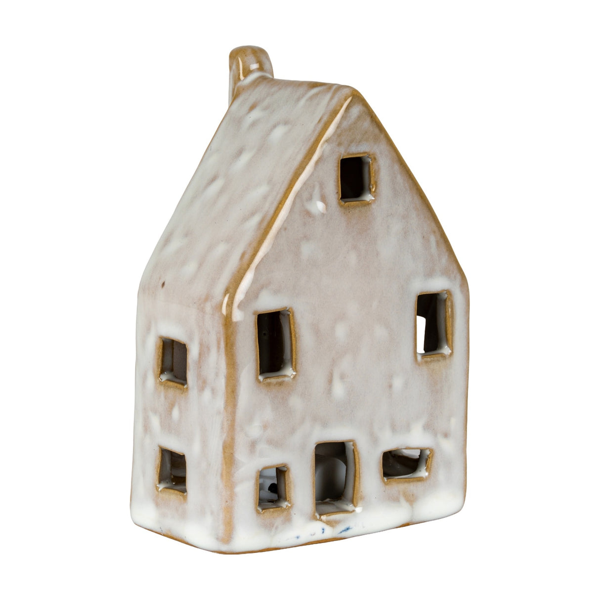 Hill Interiors ceramic LED house in matte white with pitched roof, chimney and cut-out square windows, shown against a plain white background.