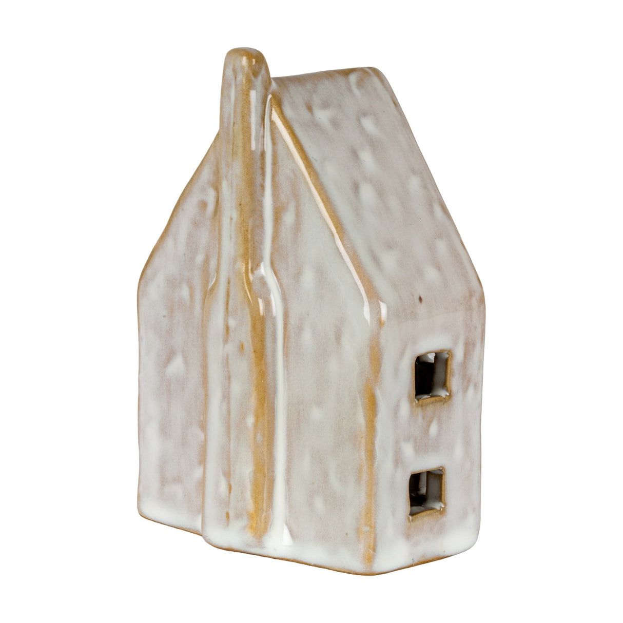 Hill Interiors ceramic LED house in white with matte chalky finish, pitched roof, chimney and cut-out square windows, shown side-on against a plain background.