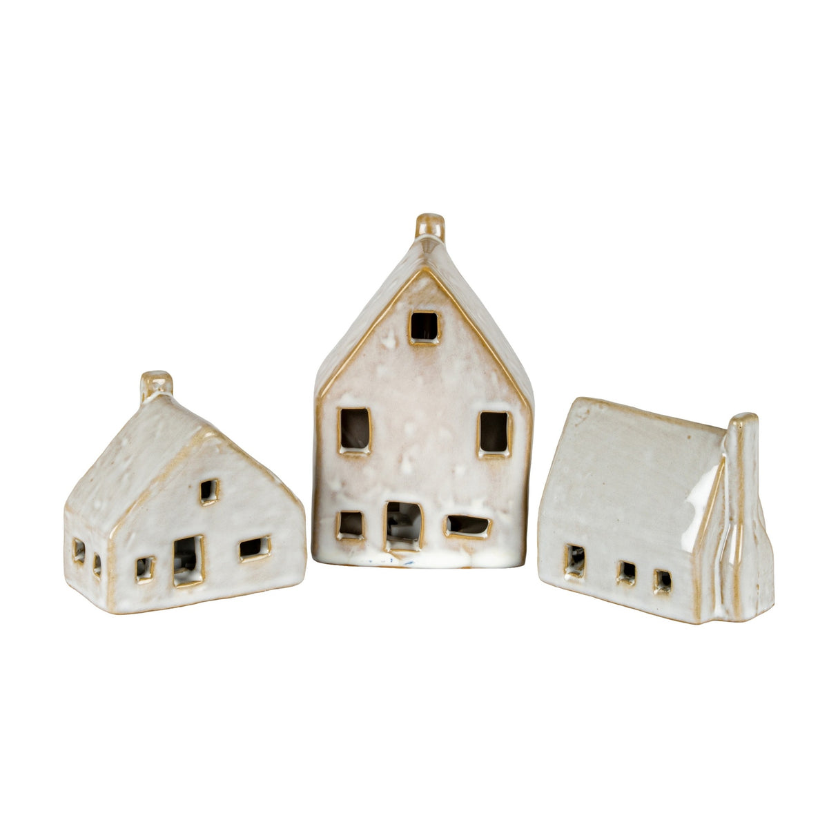 Hill Interiors Ceramic House With LED Light in white, shown as three small cottage-shaped pieces with cut-out windows and chimneys on a plain background.