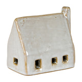 Hill Interiors Ceramic Barn with LED Light in white glaze, showing pitched roof, chimney and small square window openings, on a plain background.