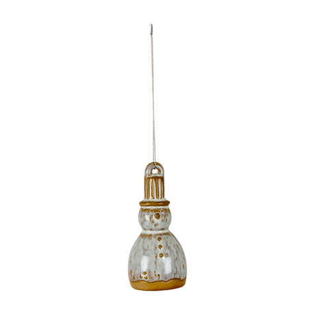 Hill Interiors ceramic snowman tree ornament in white with amber-toned glaze speckling, moulded buttons and hat, hung by a silver cord on a plain background.