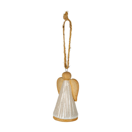 Hill Interiors ceramic angel tree ornament in soft white glaze with outstretched wings and jute hanging loop, shown on a plain white background.
