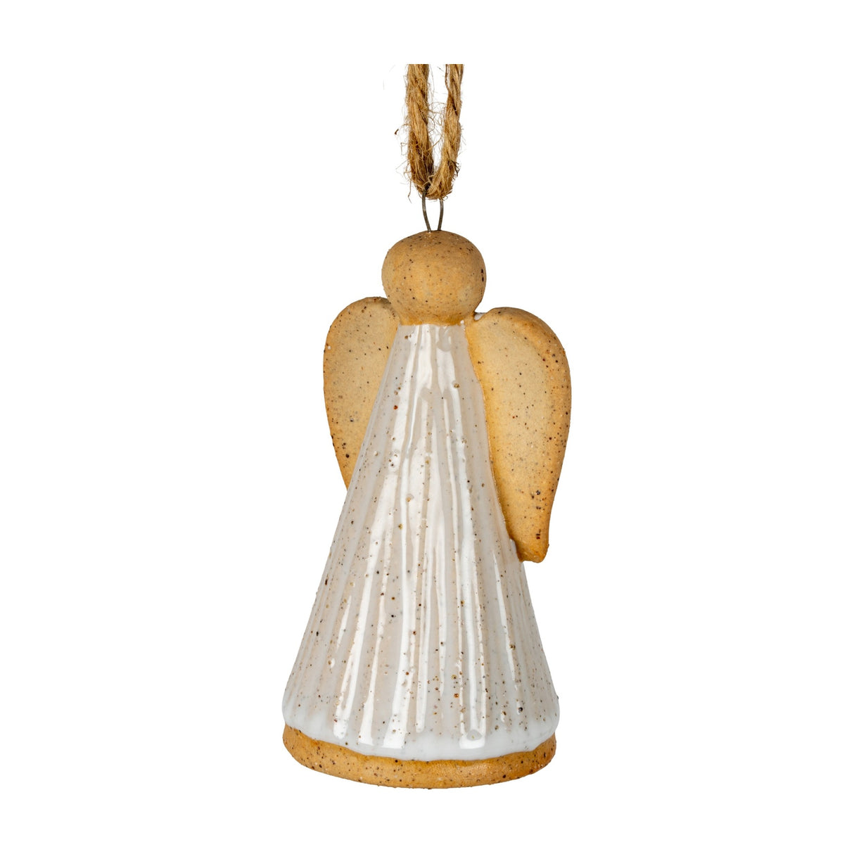 Hill Interiors ceramic angel Christmas tree ornament in white glaze with speckled wings and head, hanging from a jute cord against a plain white background.