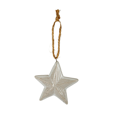 Hill Interiors ceramic star Christmas tree ornament in white glaze with moulded ridged detailing, hung from a jute twine loop against a plain white background.