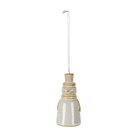 Hill Interiors ceramic snowman tree ornament in glazed white with moulded face and top hat, suspended from a silver thread against a plain background.