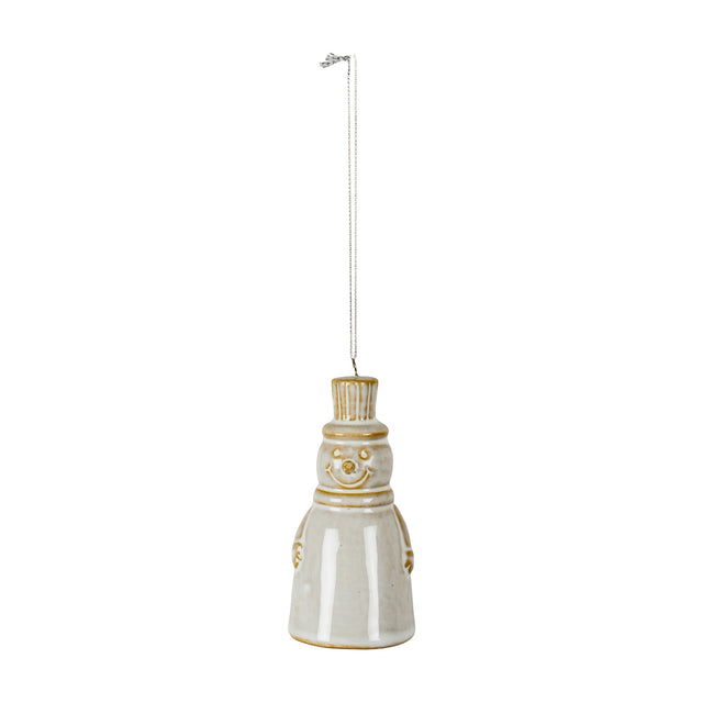 Hill Interiors ceramic snowman tree ornament in glazed white with moulded face and top hat, suspended from a silver thread against a plain background.