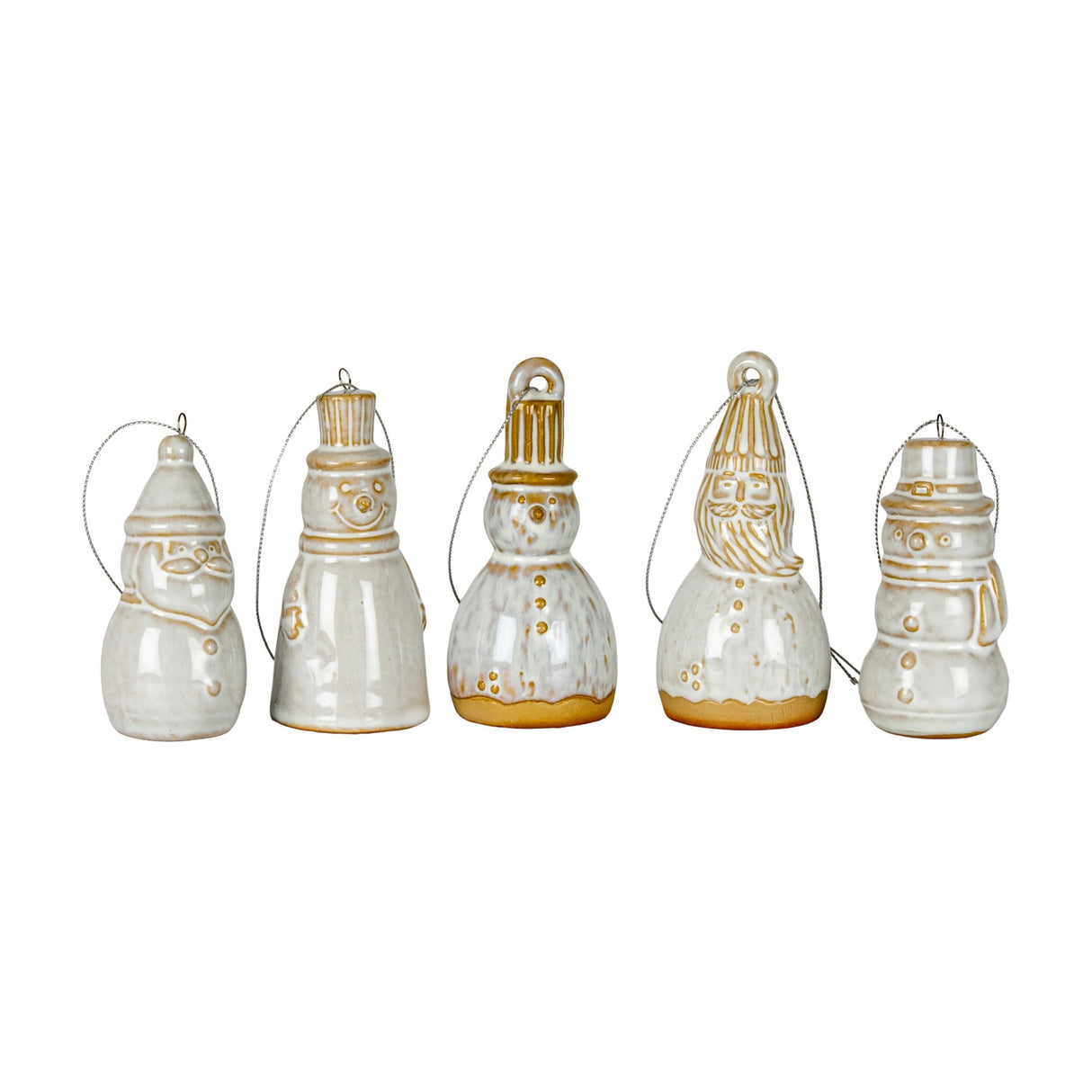 Hill Interiors ceramic snowman and Santa Christmas tree ornaments in glazed white with hanging loops, shown against a plain white background.