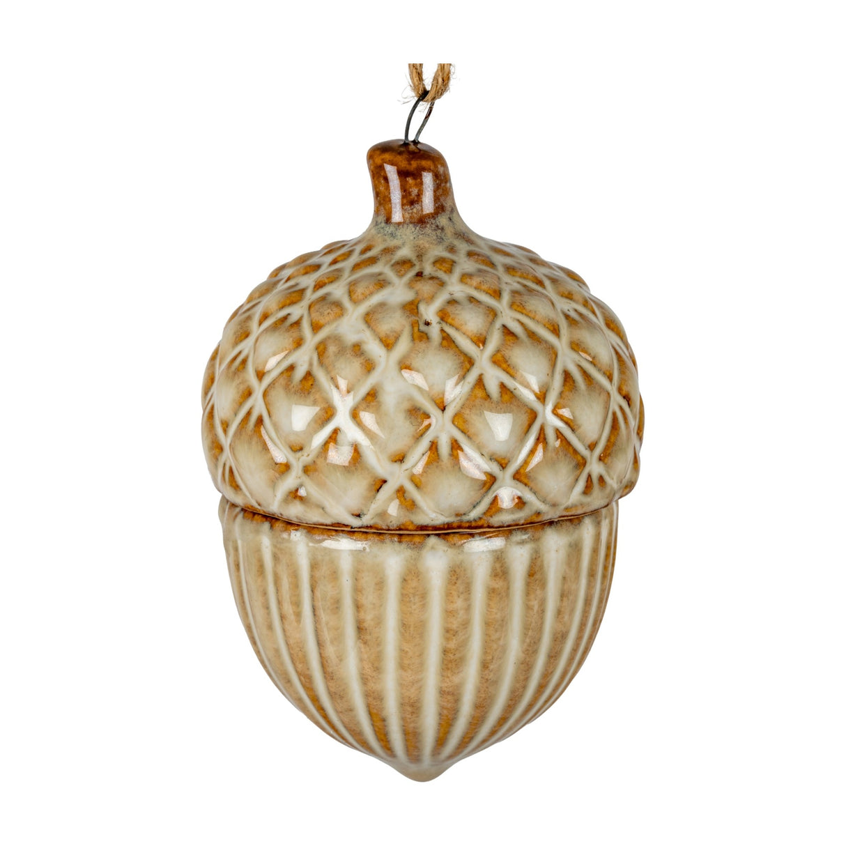 Hill Interiors ceramic acorn ornament with a cross-hatched cap and ribbed body in a warm cream and tan glaze, hung from twine against a white background.