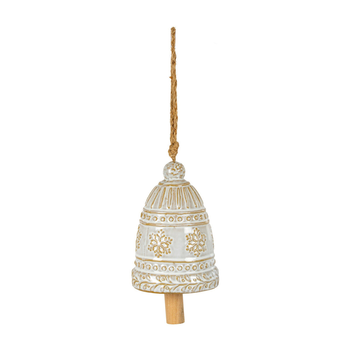 Hill Interiors large white ceramic bell tree ornament with raised snowflake detail and jute hanging cord, shown against a plain white background.