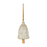 Hill Interiors large white ceramic bell tree ornament with raised snowflake detail and jute hanging cord, shown against a plain white background.