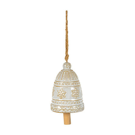 Hill Interiors large white ceramic bell tree ornament with raised snowflake detail and jute hanging cord, shown against a plain white background.