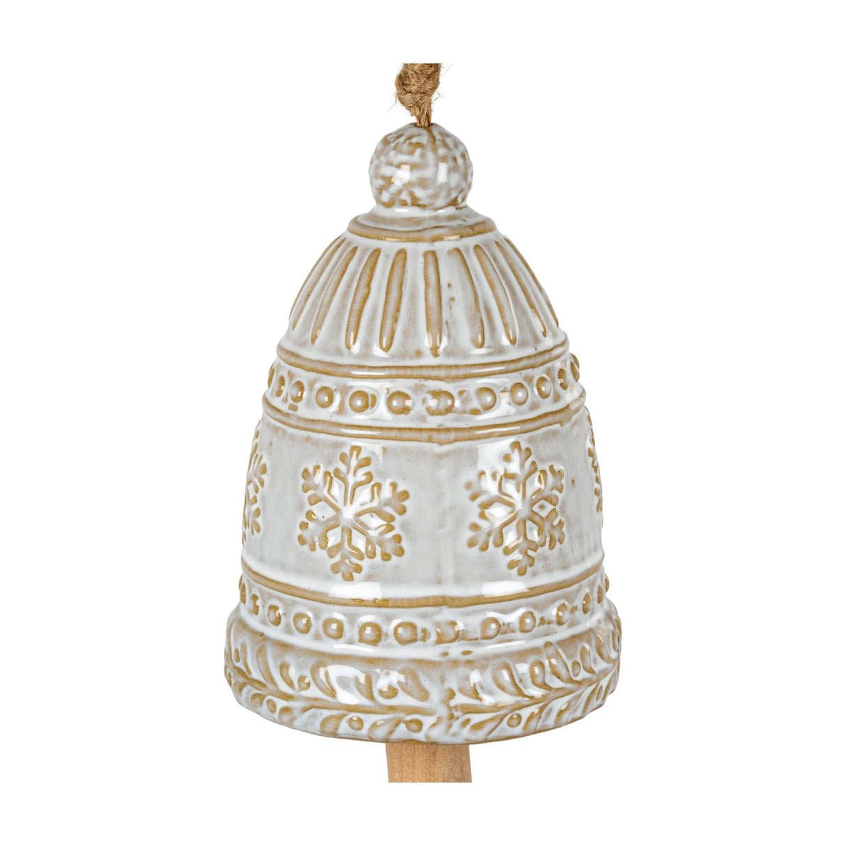 Hill Interiors large white ceramic bell tree ornament with raised snowflake detail, beaded bands and jute hanging cord, shown on a plain background.