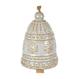 Hill Interiors large white ceramic bell tree ornament with raised snowflake detail, beaded bands and jute hanging cord, shown on a plain background.