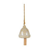 Hill Interiors ceramic bell tree ornament in white with raised snowflake detail and jute hanging cord, shown on a plain white background.