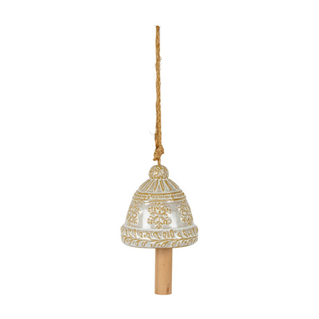 Hill Interiors ceramic bell tree ornament in white with raised snowflake detail and jute hanging cord, shown on a plain white background.