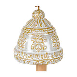 Hill Interiors ceramic bell tree ornament in white with raised snowflake detail, domed top and jute hanging loop, shown on a plain background.