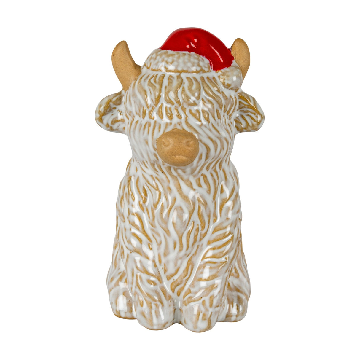 Hill Interiors ceramic Highland cow ornament in white glazed finish with shaggy textured coat and red Santa hat, shown on a plain white background.