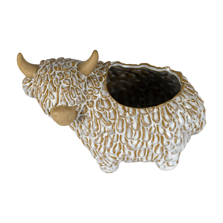 Hill Interiors ceramic Highland cow planter in white glaze with tan horns and muzzle, head turned left, hollow back opening, on a plain background.