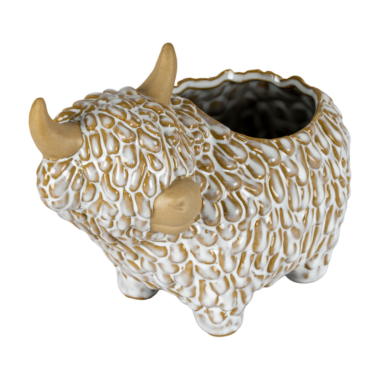 Hill Interiors ceramic Highland cow planter in white with textured shaggy coat, beige horns and muzzle, head turned left, on a plain background.