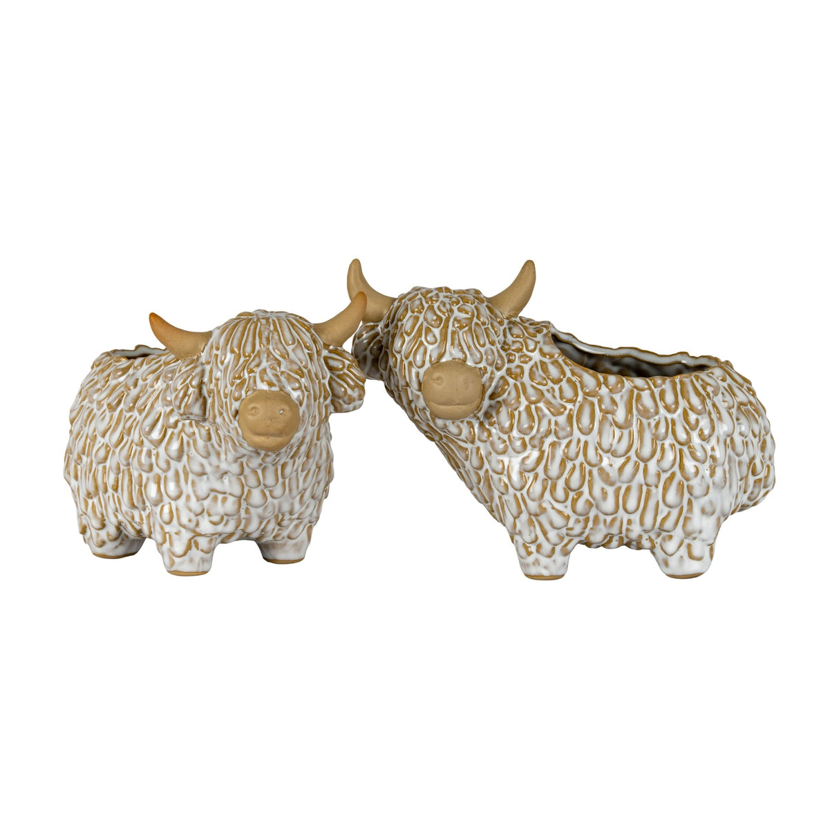 Two Hill Interiors ceramic Highland cow planters with shaggy textured coats, white glaze and tan horns and muzzles, shown on a plain white background.