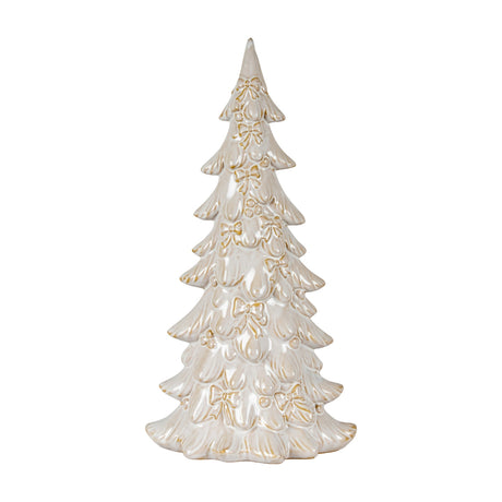 Hill Interiors Ceramic Medium Tree With Bows in white, a stylised Christmas tree with moulded bow and berry detailing, shown against a plain background.