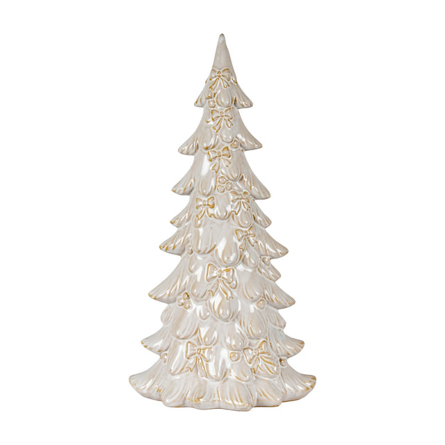 Hill Interiors Ceramic Medium Tree With Bows in white, a stylised Christmas tree with moulded bow and berry detailing, shown against a plain background.
