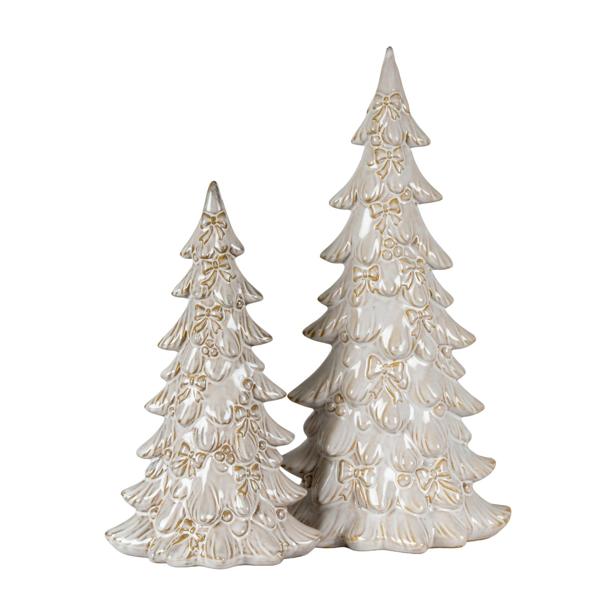 Hill Interiors Ceramic Medium Tree With Bows in white, two glazed stylised Christmas trees with moulded bow and berry detailing on a plain background.