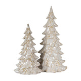 Hill Interiors Ceramic Medium Tree With Bows in white, two glazed stylised Christmas trees with moulded bow and berry detailing on a plain background.