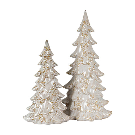 Hill Interiors Ceramic Medium Tree With Bows in white, two glazed stylised Christmas trees with moulded bow and berry detailing on a plain background.