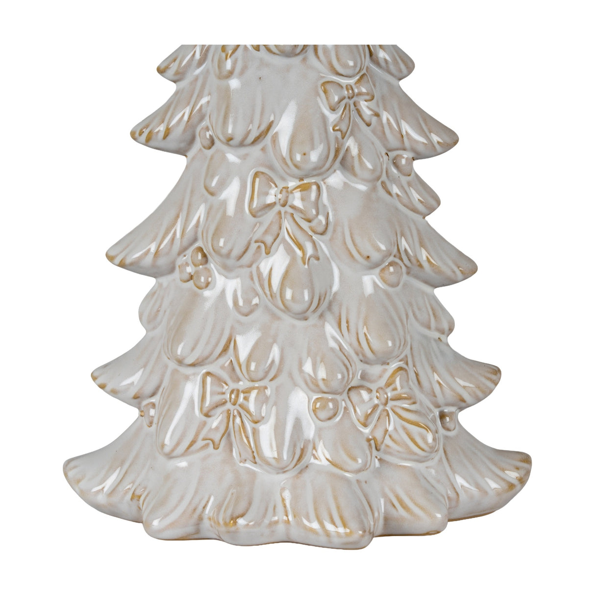 Hill Interiors ceramic Christmas tree in white glaze with moulded bow and bauble detailing, shown close-up against a plain white background.