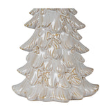 Hill Interiors ceramic Christmas tree in white glaze with moulded bow and bauble detailing, shown close-up against a plain white background.