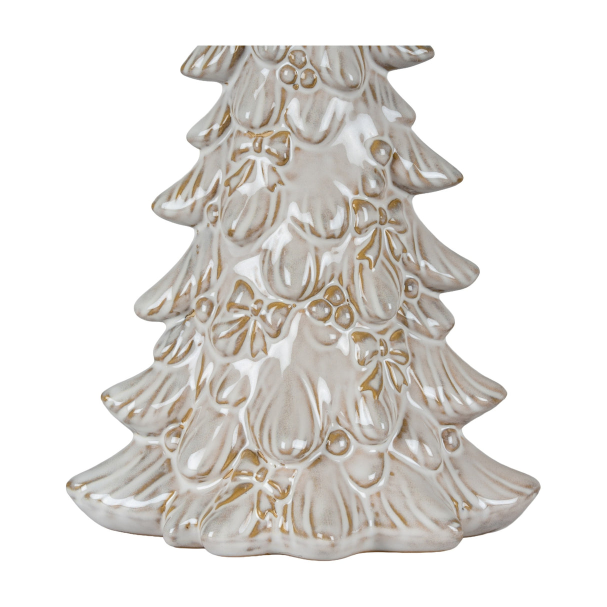 Hill Interiors ceramic small Christmas tree in white glaze with moulded bow and berry detailing, shown close-up against a plain white background.