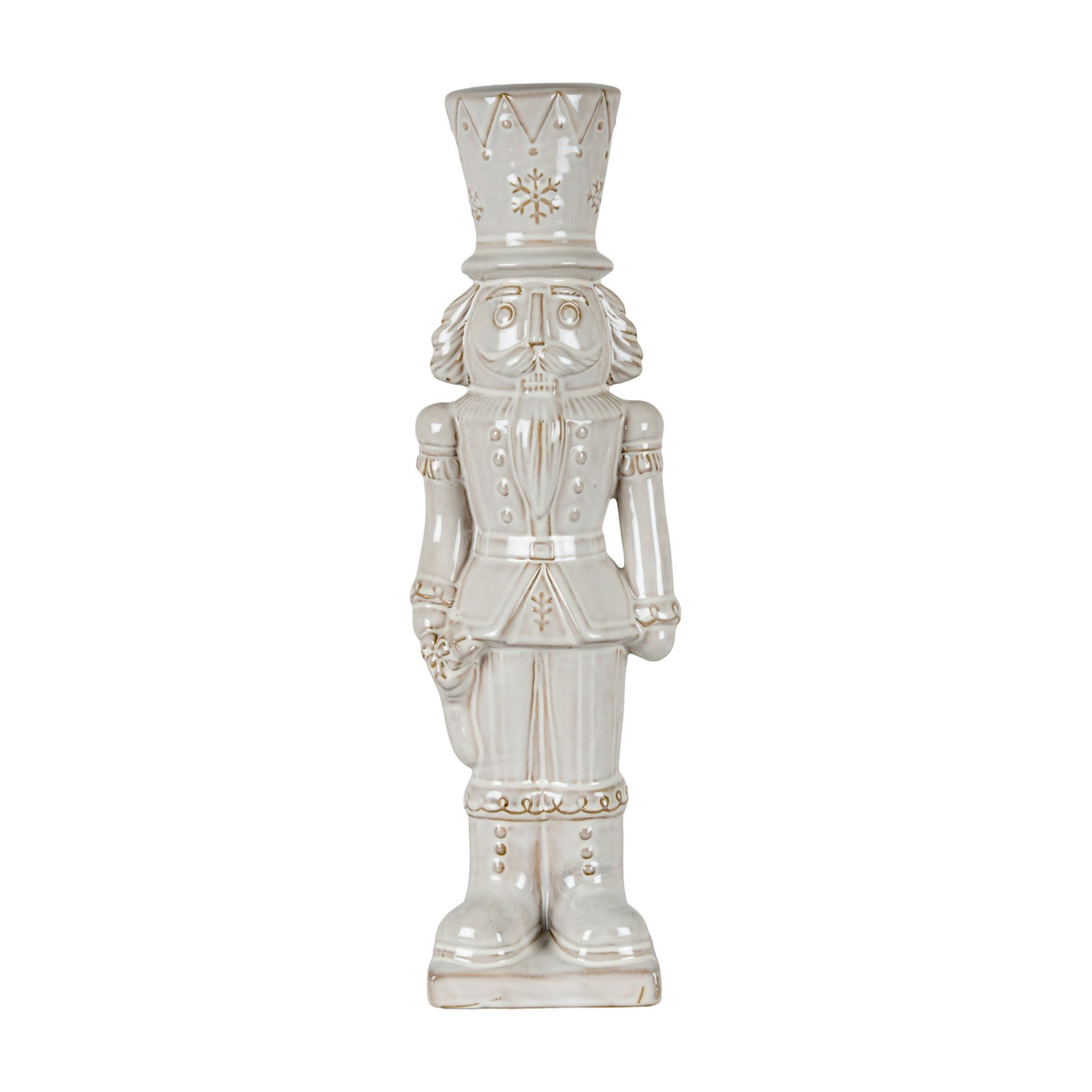 Hill Interiors Ceramic Nutcracker With Stocking in white, a tall glazed figure with crown hat, moustache and soldier uniform, on a plain background.