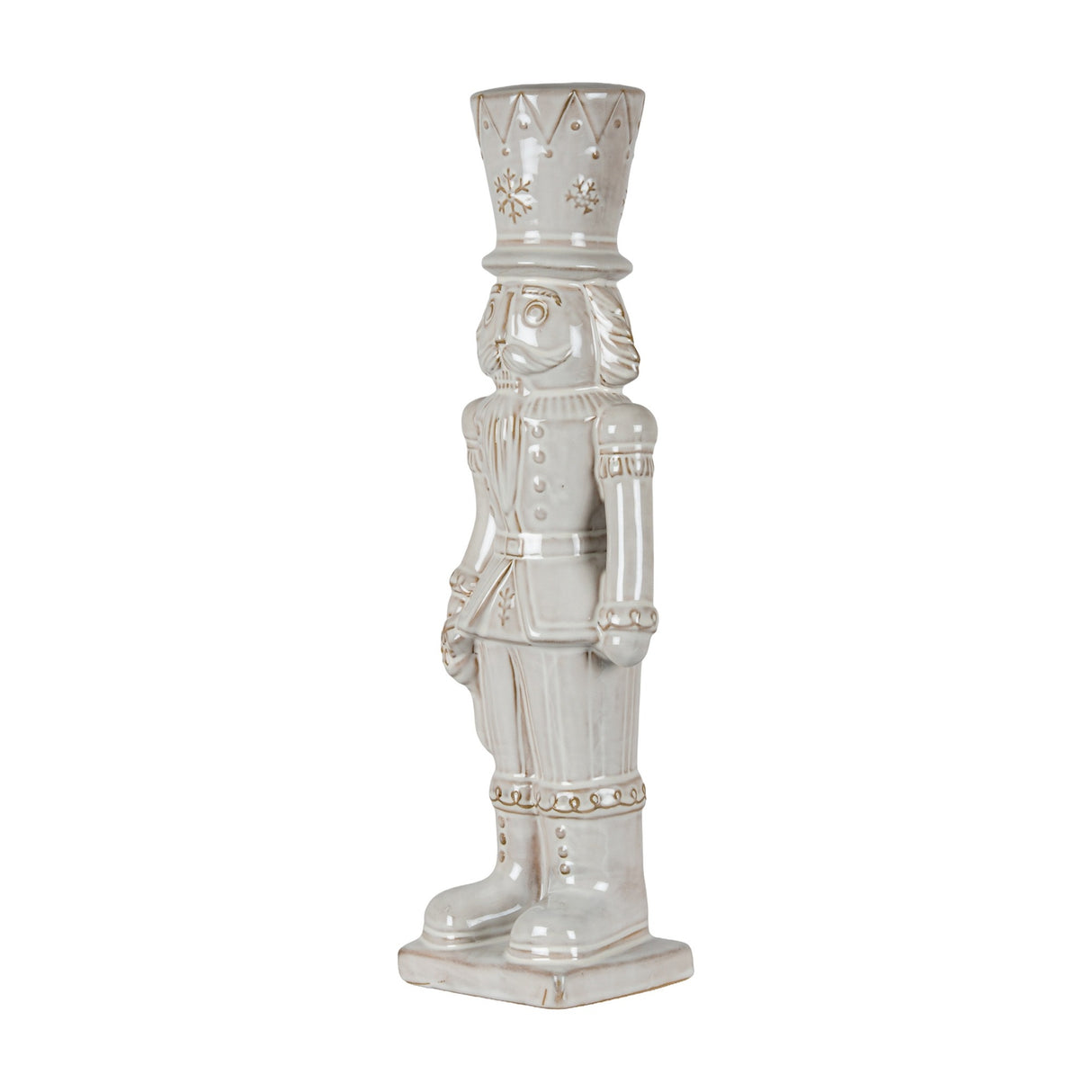 Hill Interiors Ceramic Nutcracker With Stocking in white, a tall glazed soldier figure with tall hat and moulded uniform detail, on a plain background.