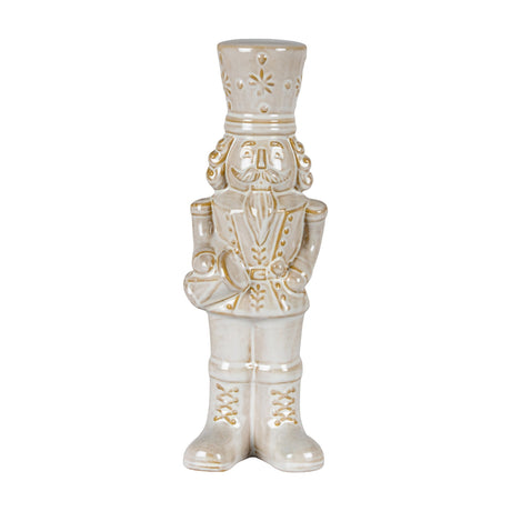 Hill Interiors Ceramic Nutcracker with Drum in white glaze, a soldier figure with tall hat, moustache and drum at his side, on a plain background.