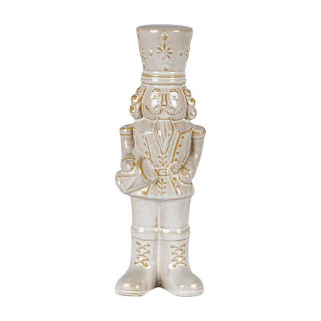 Hill Interiors Ceramic Nutcracker with Drum in white glaze, a soldier figure with tall hat, moustache and drum at his side, on a plain background.