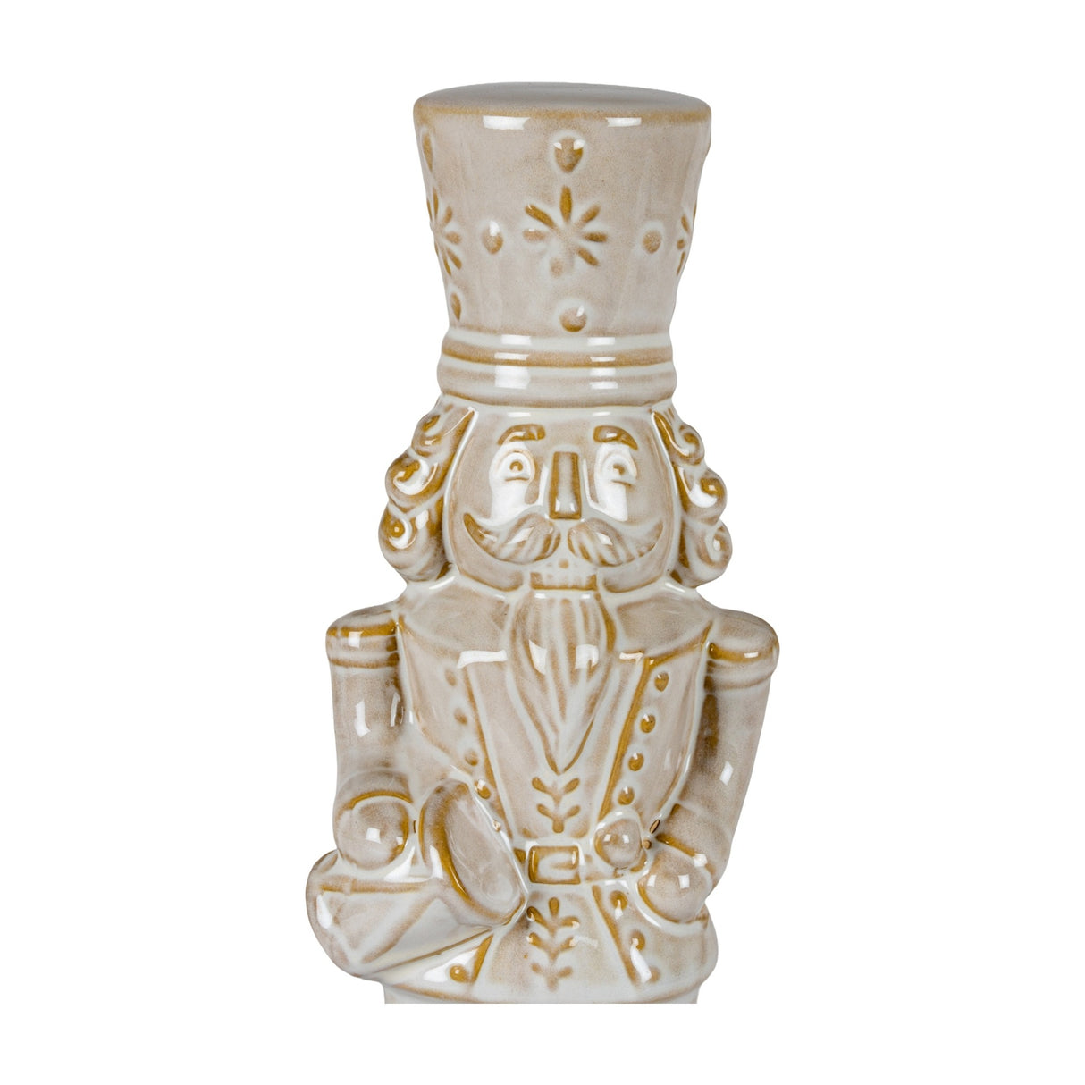 Hill Interiors Ceramic Nutcracker with Drum in white glaze with soft gold-toned detailing, shown close-up against a plain white background.
